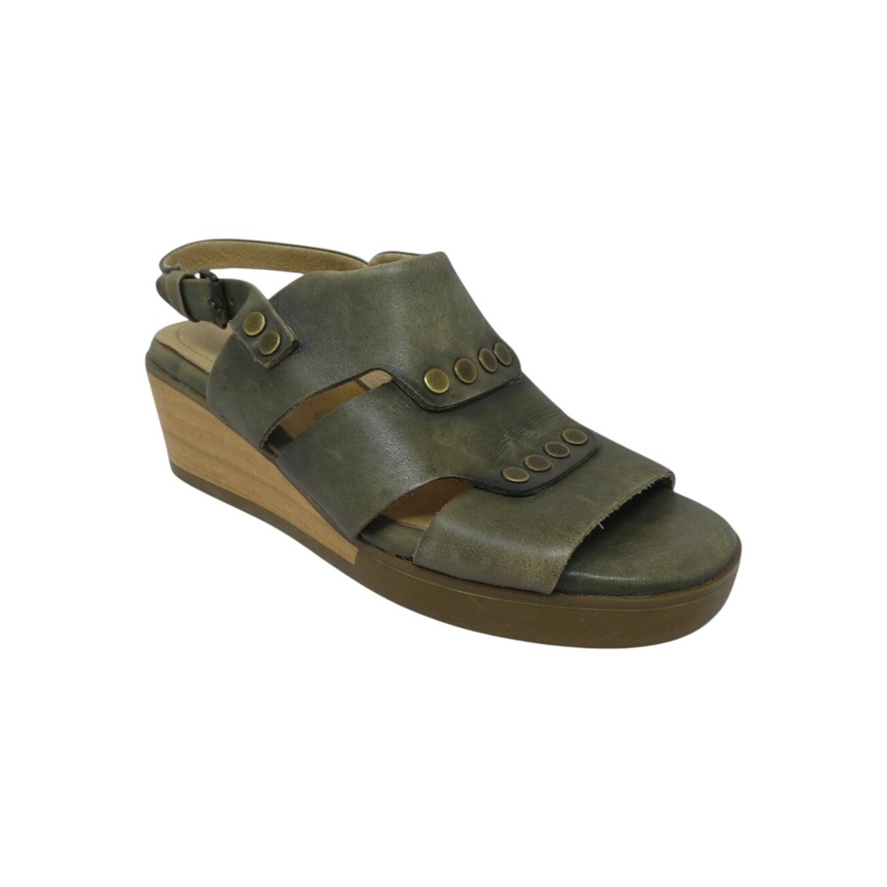 Bussola Massa Wedge‎ Sandals Womens 37 US 6-6.5 Green Leather Studded Slingback